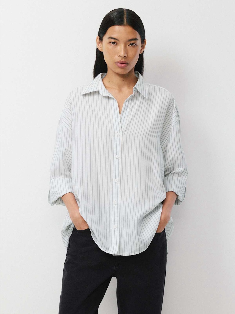Relaxed Pinstripe Button-Up Shirt in Light Blue